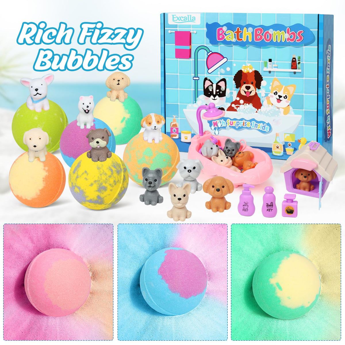 Excalla toy reveal in bath with a small dog figure emerging for imaginative play