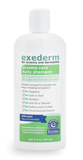Exederm label close-up highlighting hypoallergenic, paraben-free formula