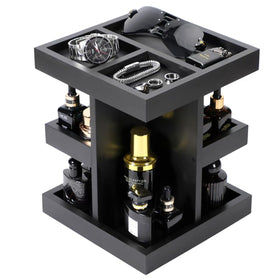 EXIN DECHEN front view of black three-tier cologne organizer showing elegant shape and rotation benefit