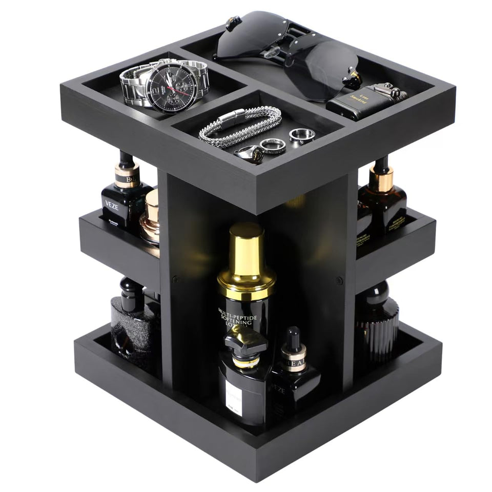 EXIN DECHEN front view of black three-tier cologne organizer showing elegant shape and rotation benefit
