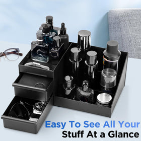 EXIN DECHEN organizer in use with colognes and brushes, promoting tidy daily routines