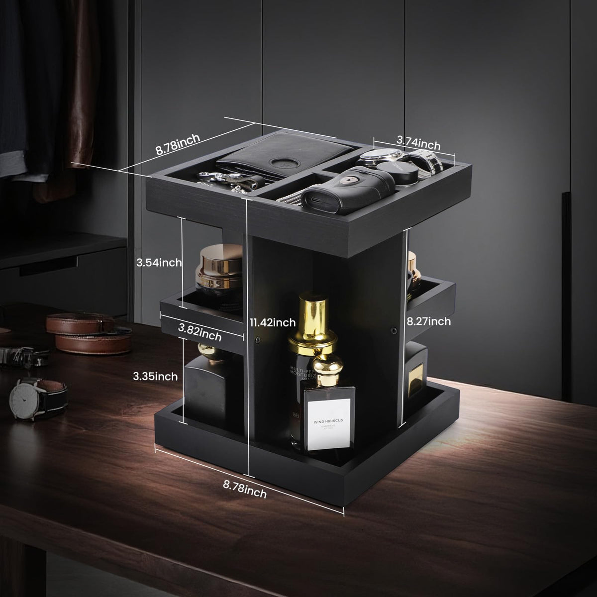 EXIN DECHEN organizer filled with nine perfume bottles showcasing neat display and quick selection