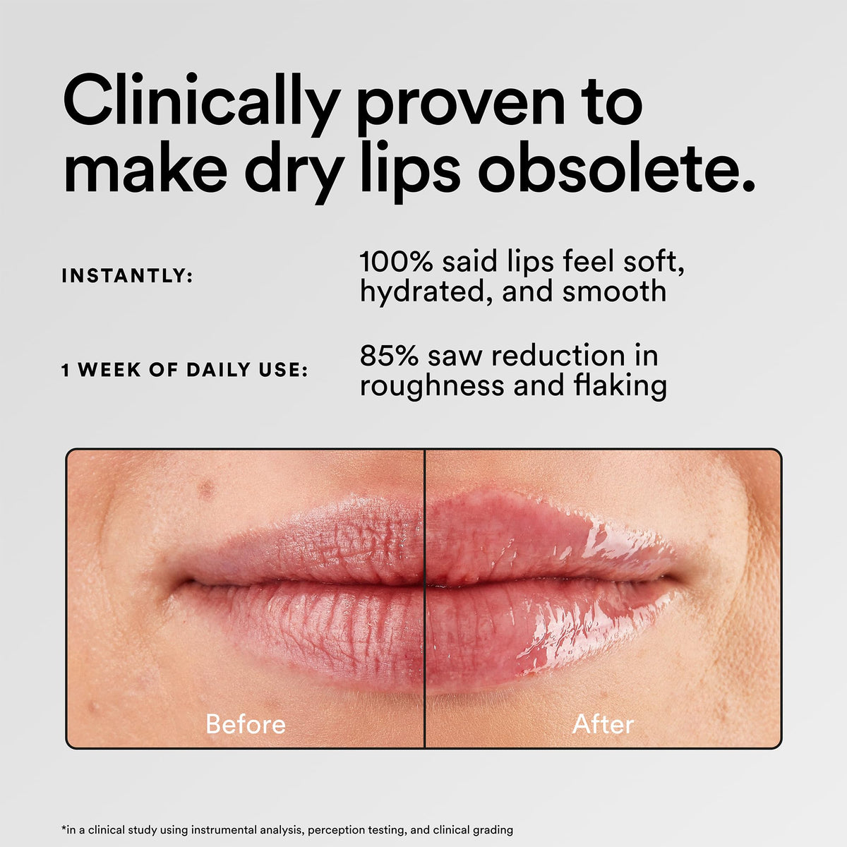Experiment balm applied on lips showing smoothing effect and hydrated look benefit
