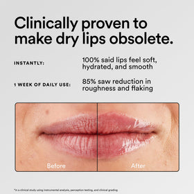 Experiment balm applied on lips showing smoothing effect and hydrated look benefit