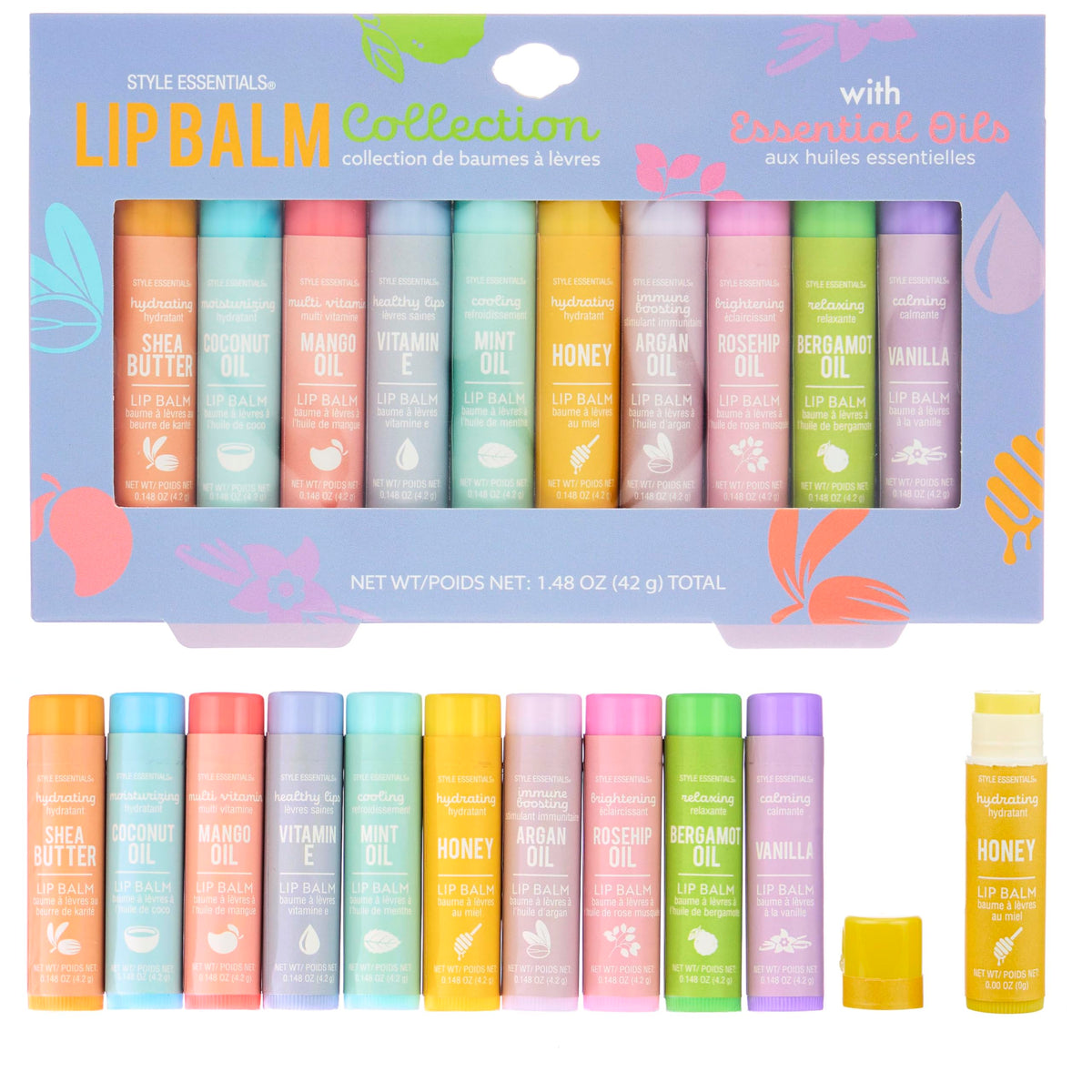 EXPRESSIONS front packaging showing ten retractable balm tubes and branding benefit: easy selection