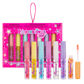 Expressions girl front packaging showing seven colorful glosses and value set benefit