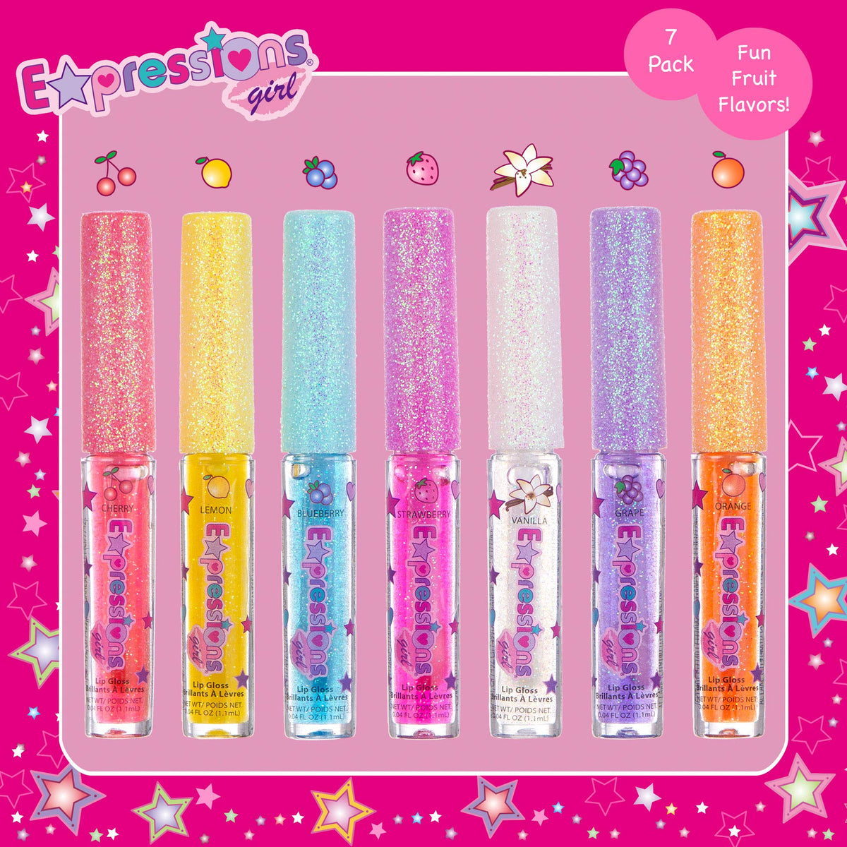 Expressions girl party favor display with glosses as gift-ready accessories