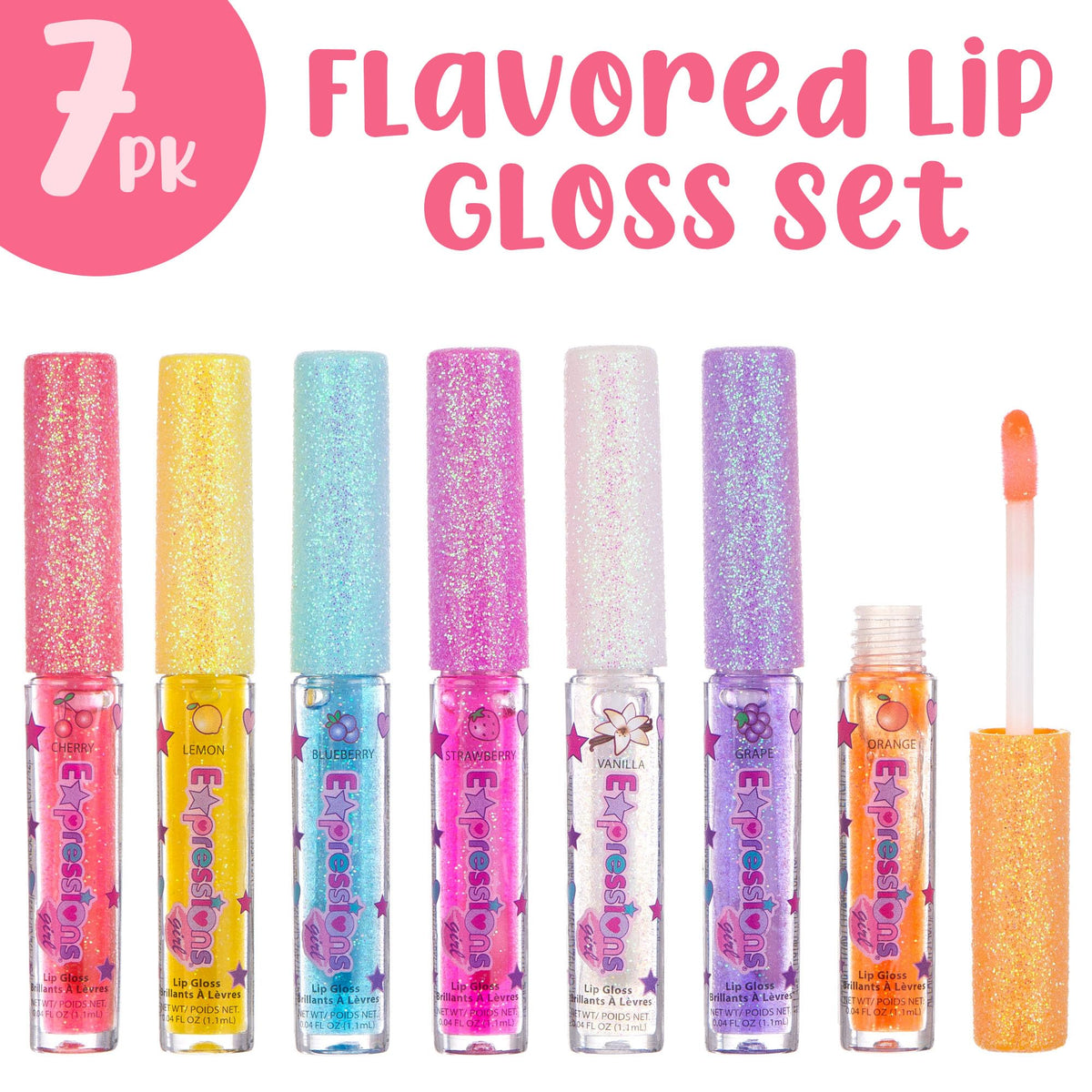 Expressions girl seven gloss wands laid out to display color variety and choice