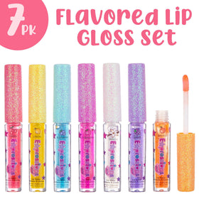 Expressions girl seven gloss wands laid out to display color variety and choice