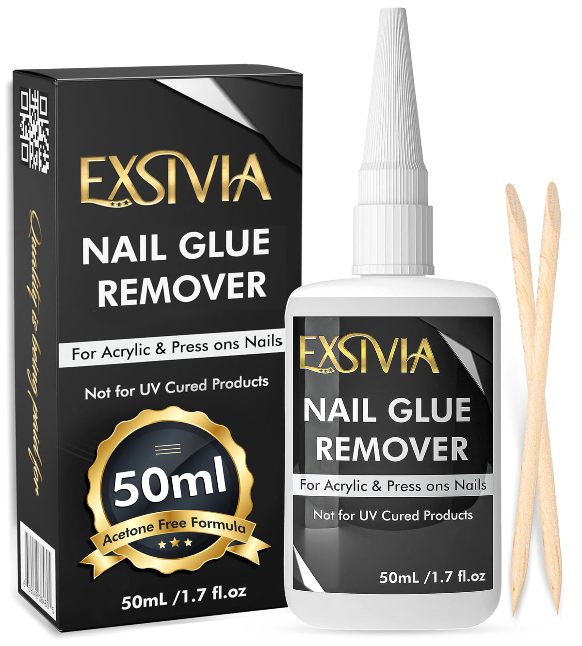 EXSIVIA front packaging showing 50mL bottle and included sticks for convenient removal