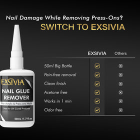 EXSIVIA in use removing press-on nails demonstrating quick adhesive breakdown