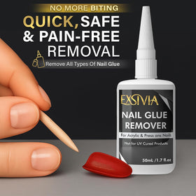 EXSIVIA on vanity near towels illustrating gentle, low-odor at-home removal routine