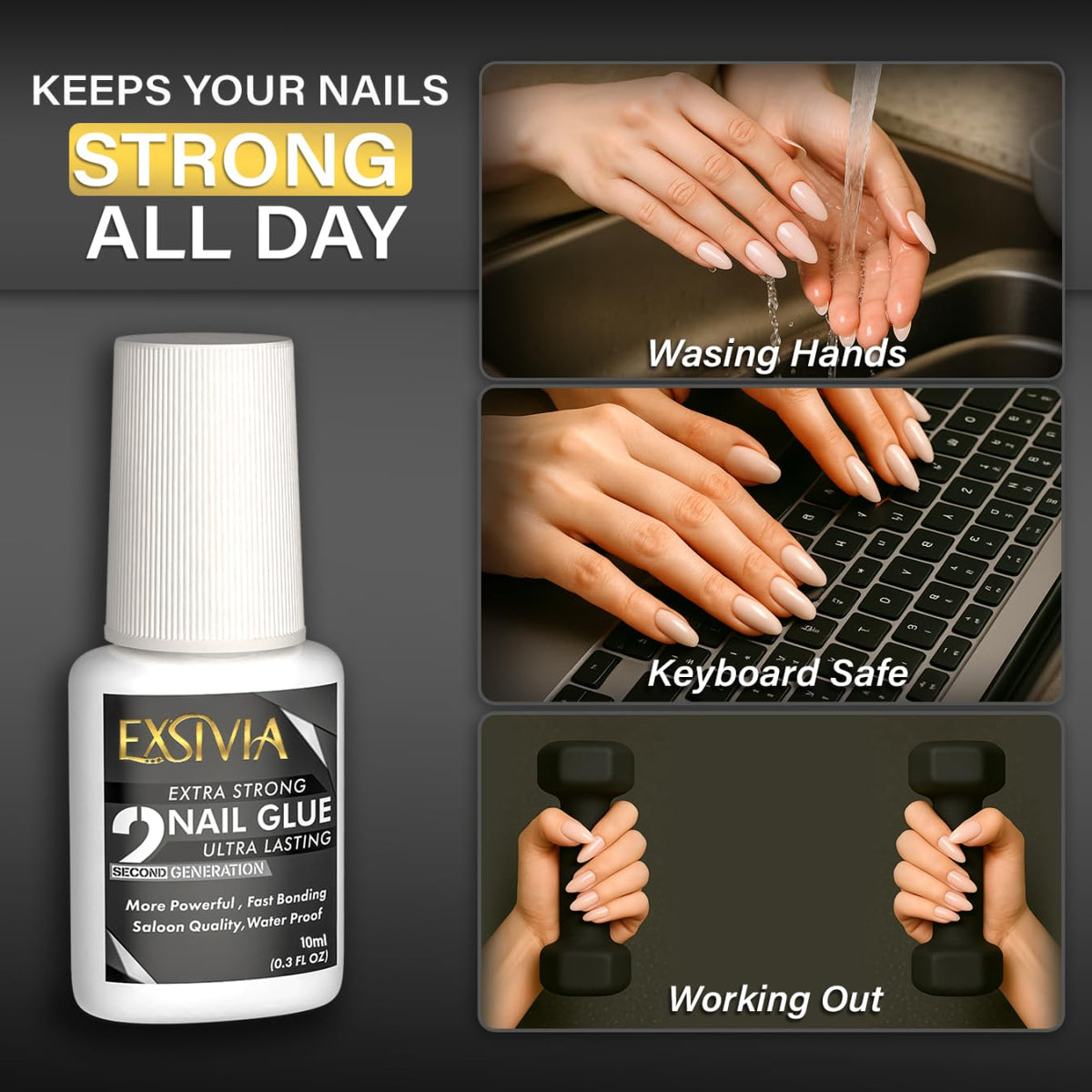 EXSIVIA open packaging displaying glue, remover, and cuticle pushers