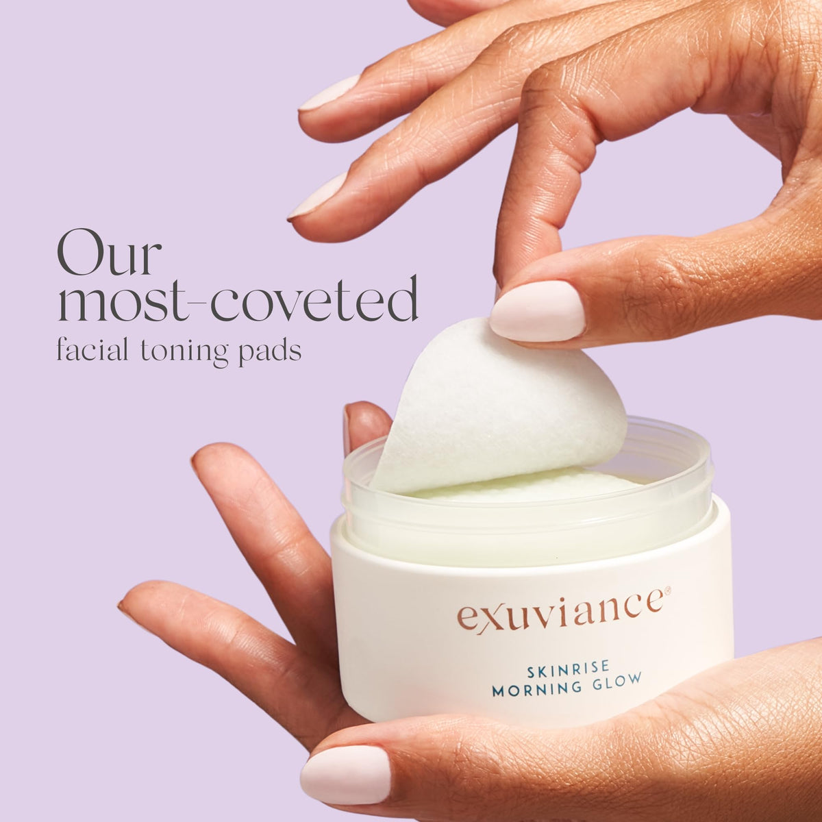 EXUVIANCE pad in hand illustrating easy single‑step use and travel convenience