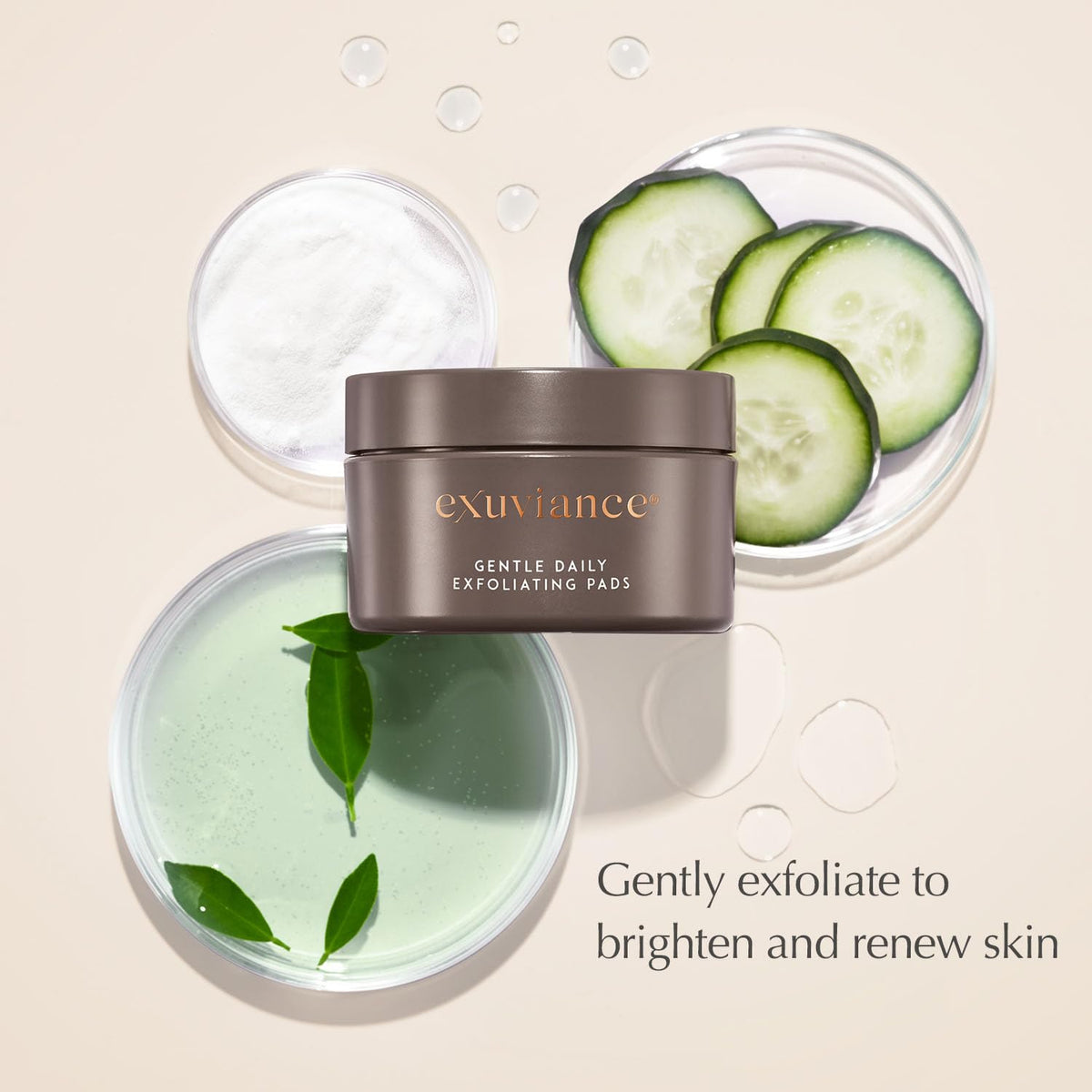EXUVIANCE pads beside cleanser in bathroom conveying routine convenience