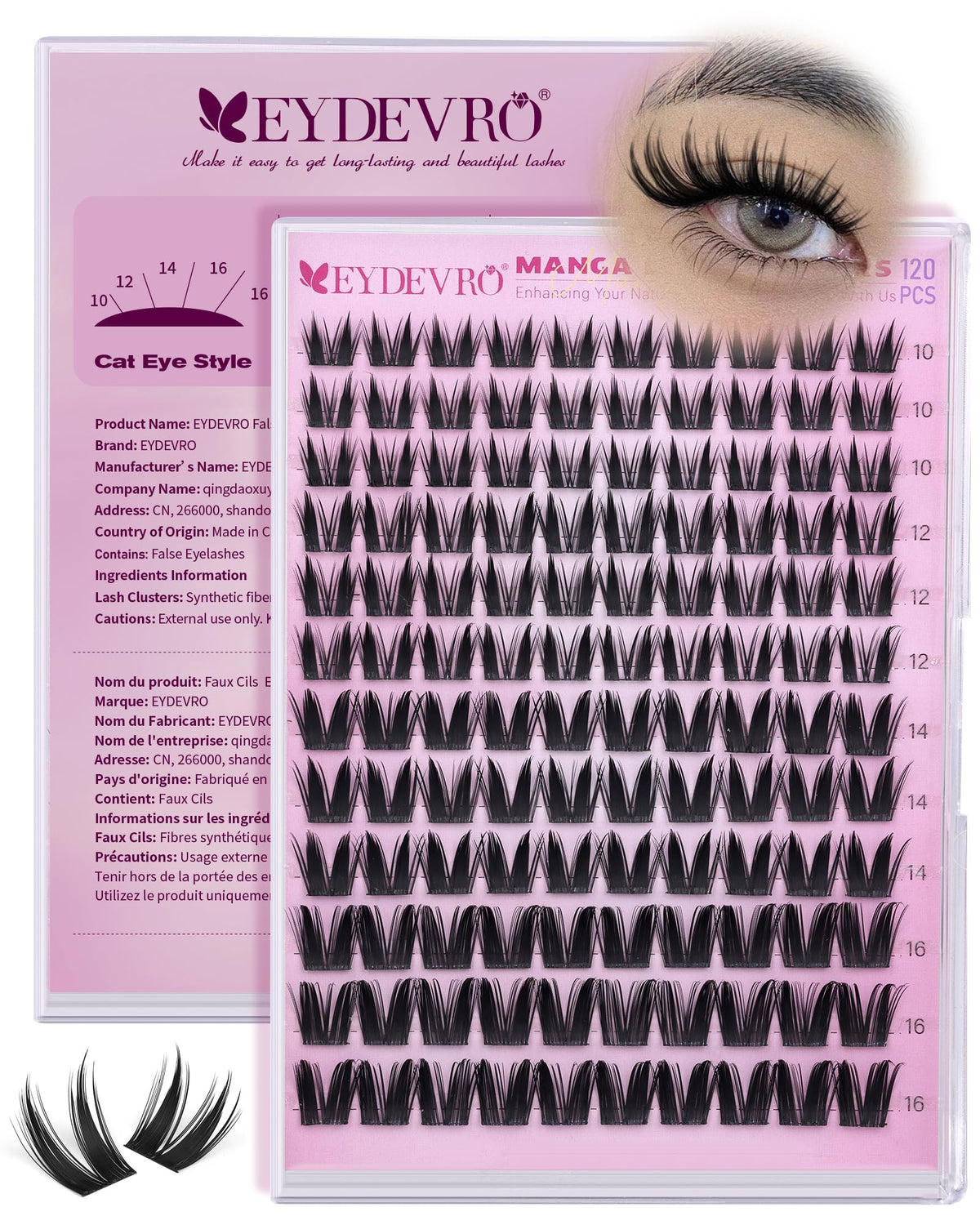 EYDEVRO front packaging showing 120 bunny lash clusters and kit benefit