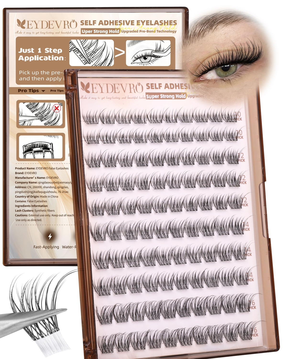EYDEVRO front packaging showing pre-glued lash clusters and benefits
