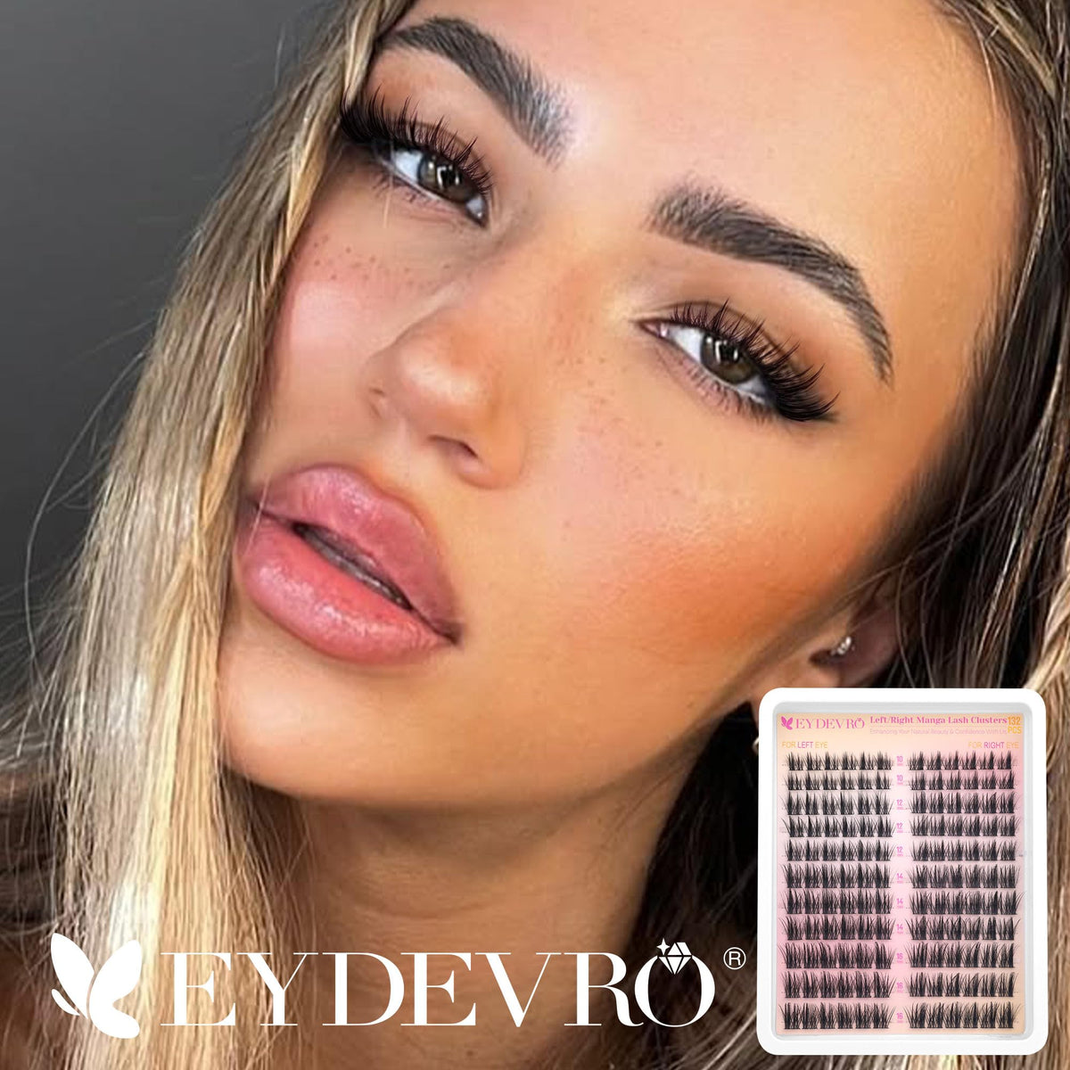 EYDEVRO model wearing clusters showing subtle anime-inspired cat eye