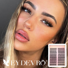 EYDEVRO model wearing clusters showing subtle anime-inspired cat eye