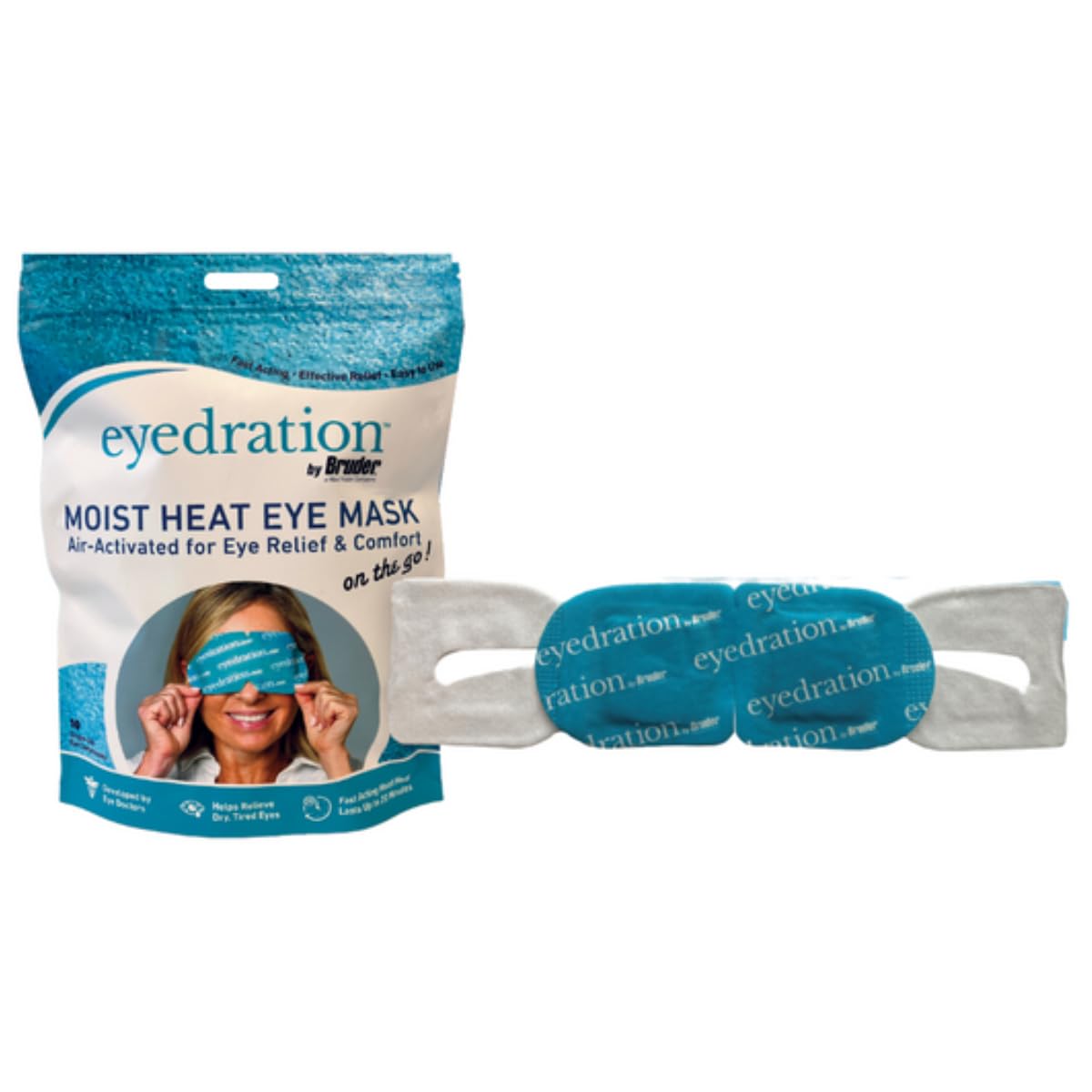 Eyedration front packaging showing 10 single-use eye steam masks and benefits