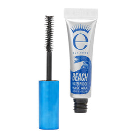 Eyeko beach waterproof mascara front packaging showing compact travel tube and branding benefit long-lasting wear