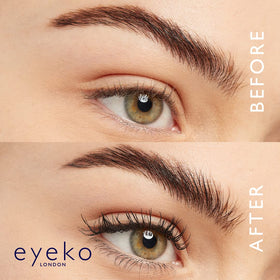 Eyeko mascara travel lifestyle shot beside sunglasses and towel benefit easy beach and carry-on use