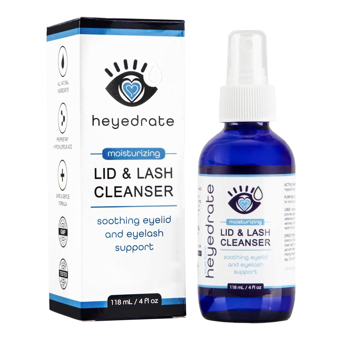 Eye Love front bottle showing 4oz glass and pump for gentle daily eyelid cleansing