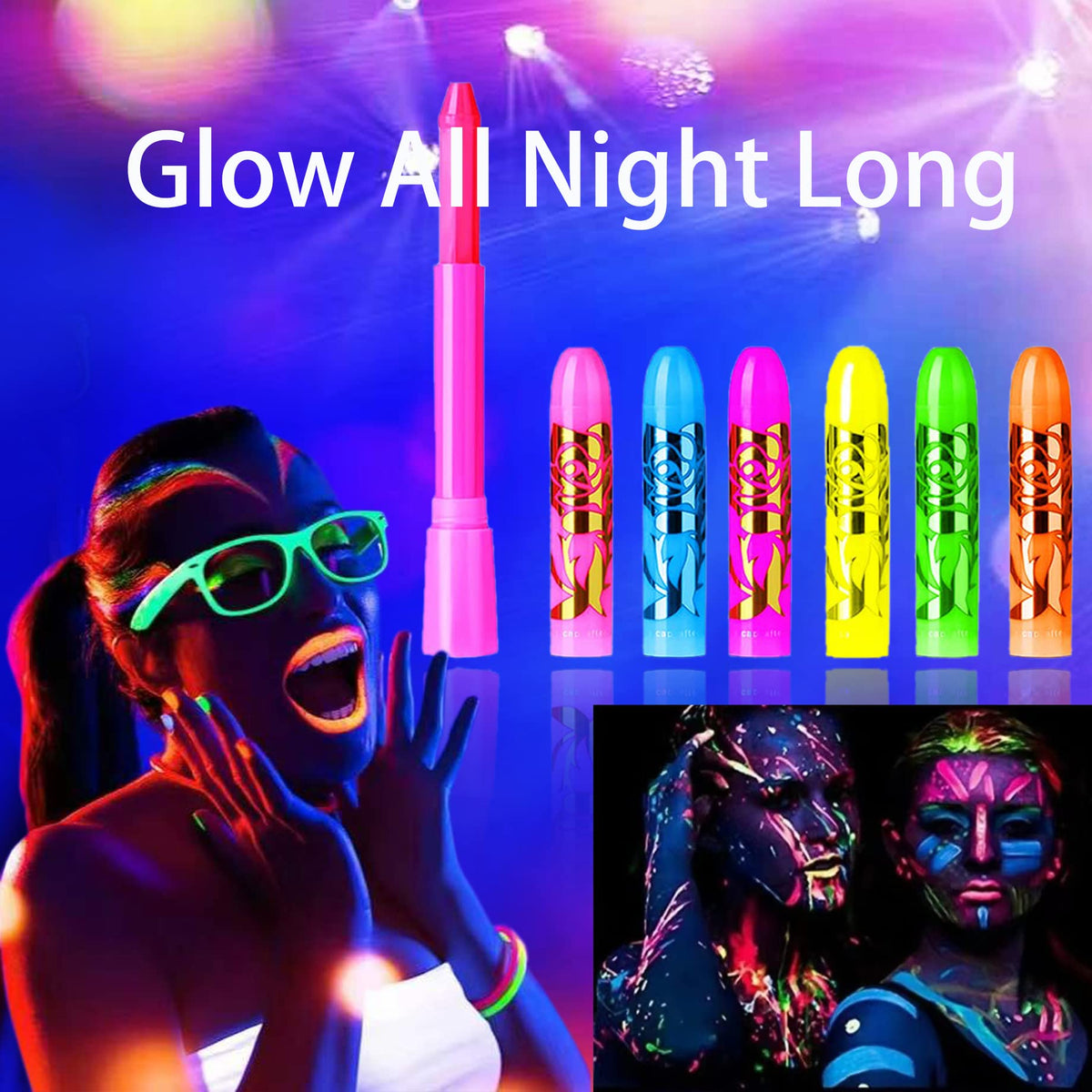 eyigylyo applied on face under blacklight showing dramatic neon glow