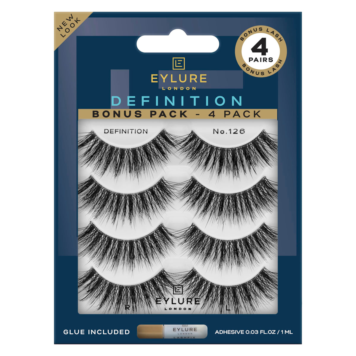 Eylure front packaging showing four-pair multipack and benefits