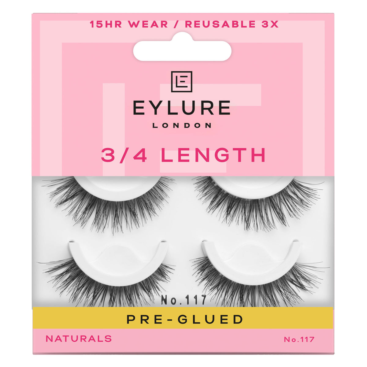 Eylure front packaging of No.117 twin pack showing lash design and benefits