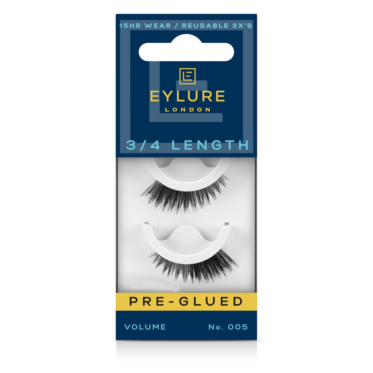 Eylure front packaging showing the No. 005 pre-glued lashes and benefits