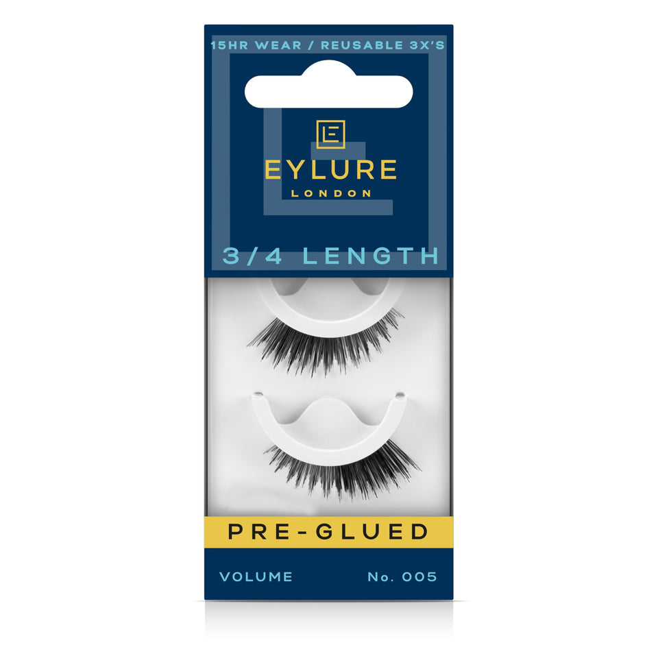 Eylure front packaging showing the No. 005 pre-glued lashes and benefits