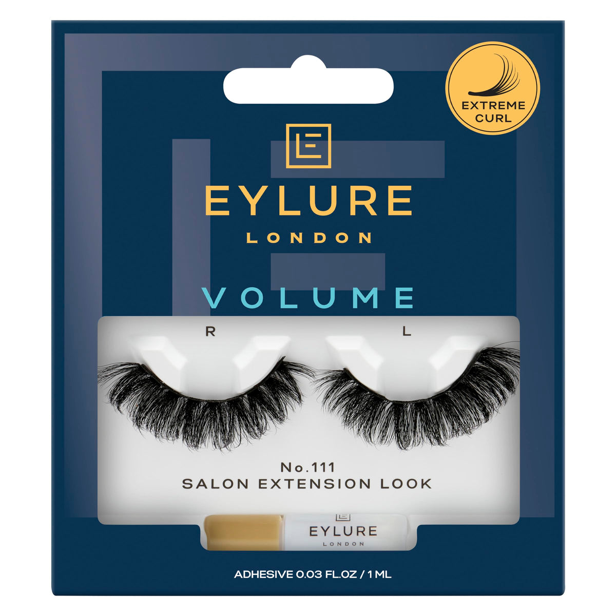 Eylure No.111 front packaging showing pair and glue for easy application benefit
