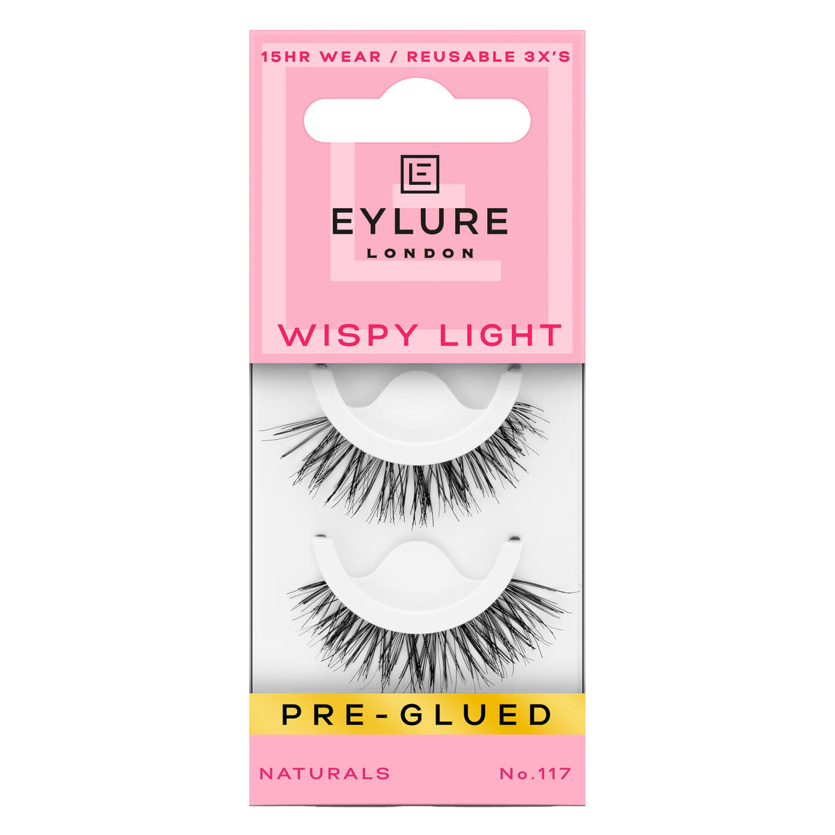 Eylure front packaging showing Wispy Light No. 117 and quick-apply benefit