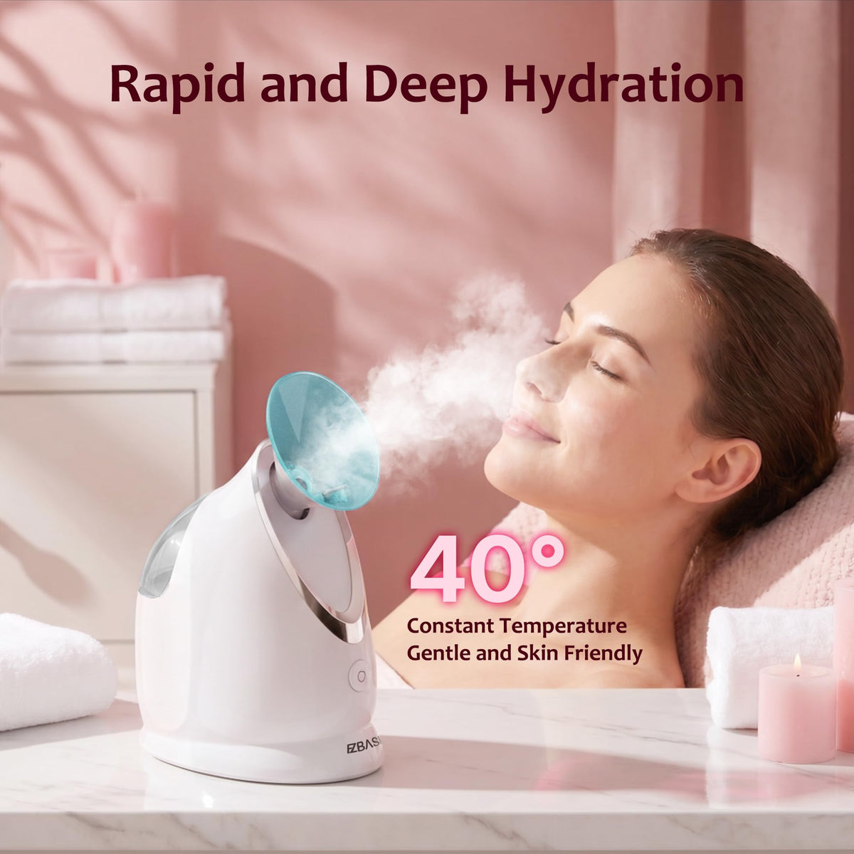 EZBASICS producing warm mist in use for pore softening and improved product absorption