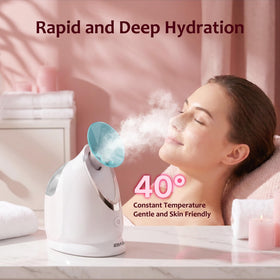 EZBASICS producing warm mist in use for pore softening and improved product absorption