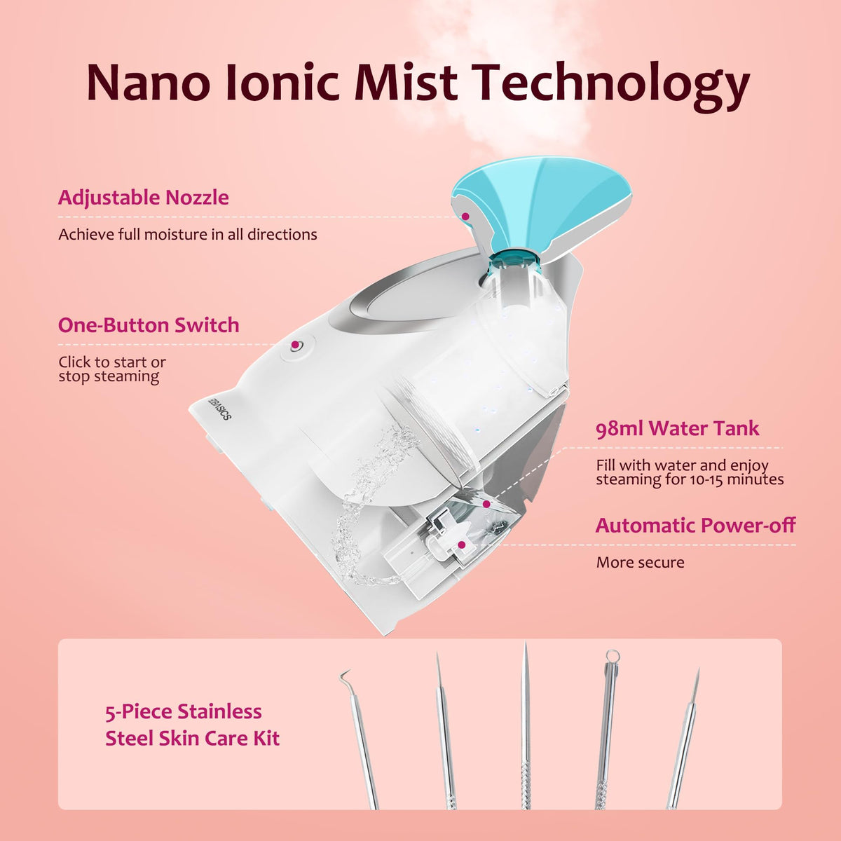 EZBASICS nozzle close-up illustrating adjustable steam direction for targeted hydration