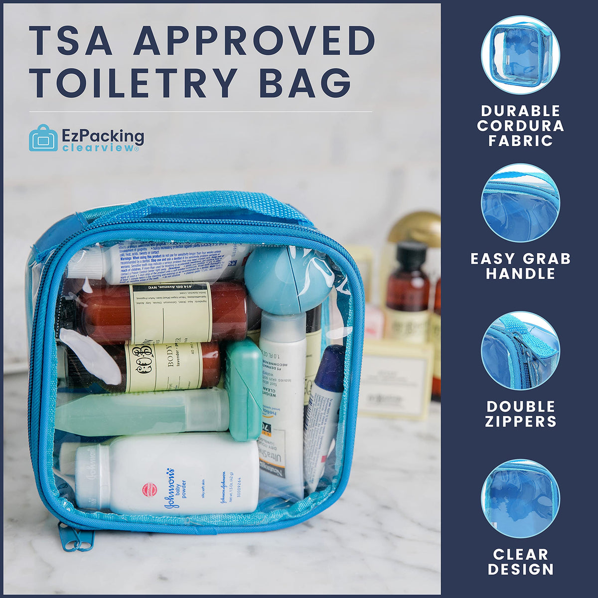 EzPacking filled with travel-size toiletries demonstrating TSA-ready organization and spill containment