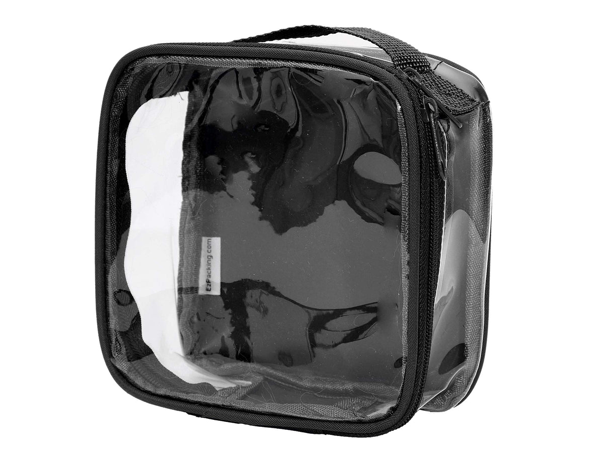 EzPacking front view clear quart bag showing organized toiletries and quick identification benefit