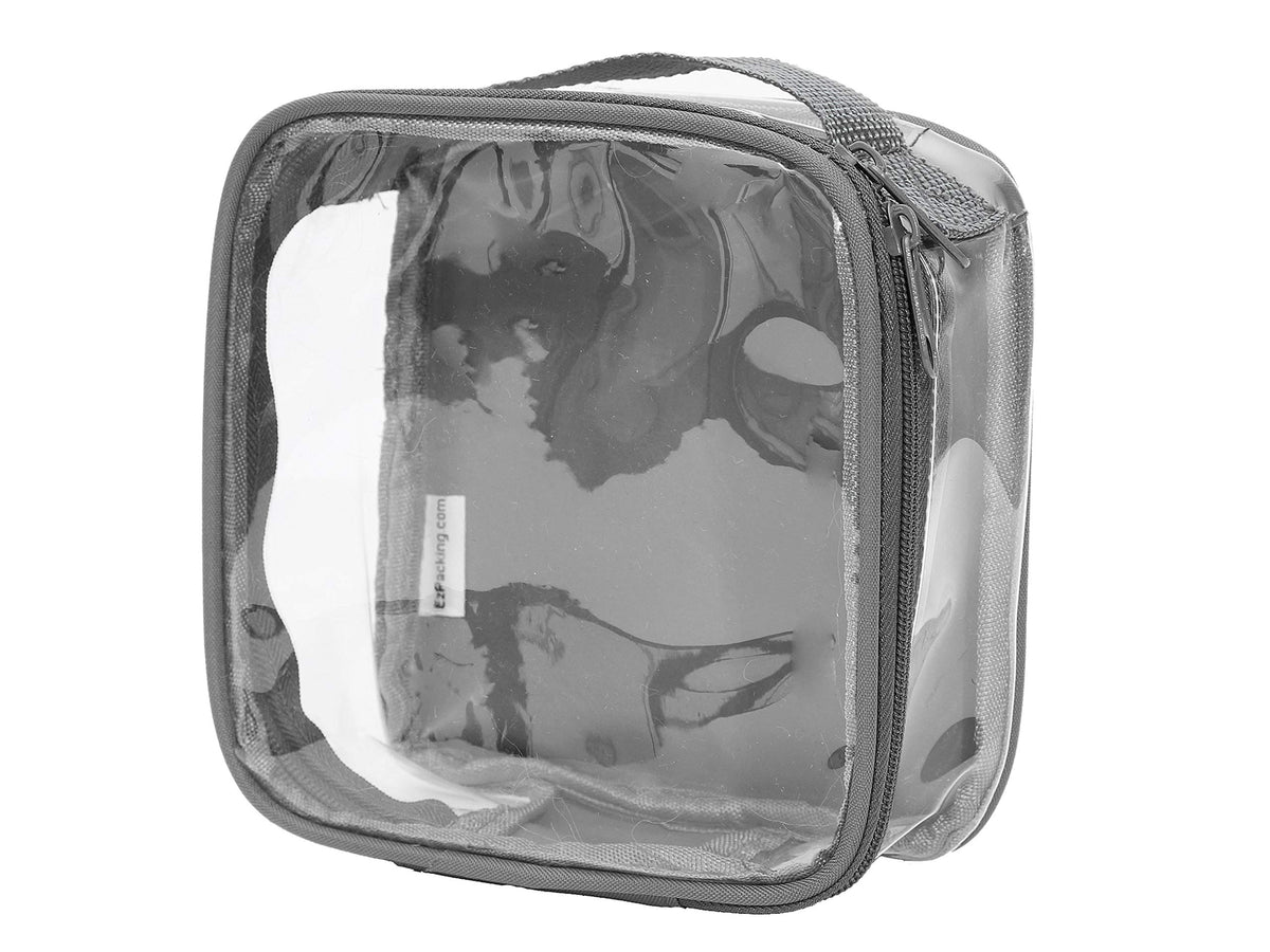EzPacking front view of gray pouch showing transparent storage benefit