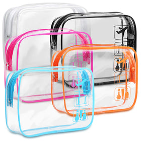 F-color front packaging view showing five clear TSA-approved bags for faster security