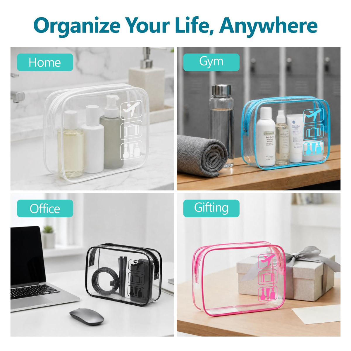 F-color in use inside a travel backpack showing organized toiletries for convenience