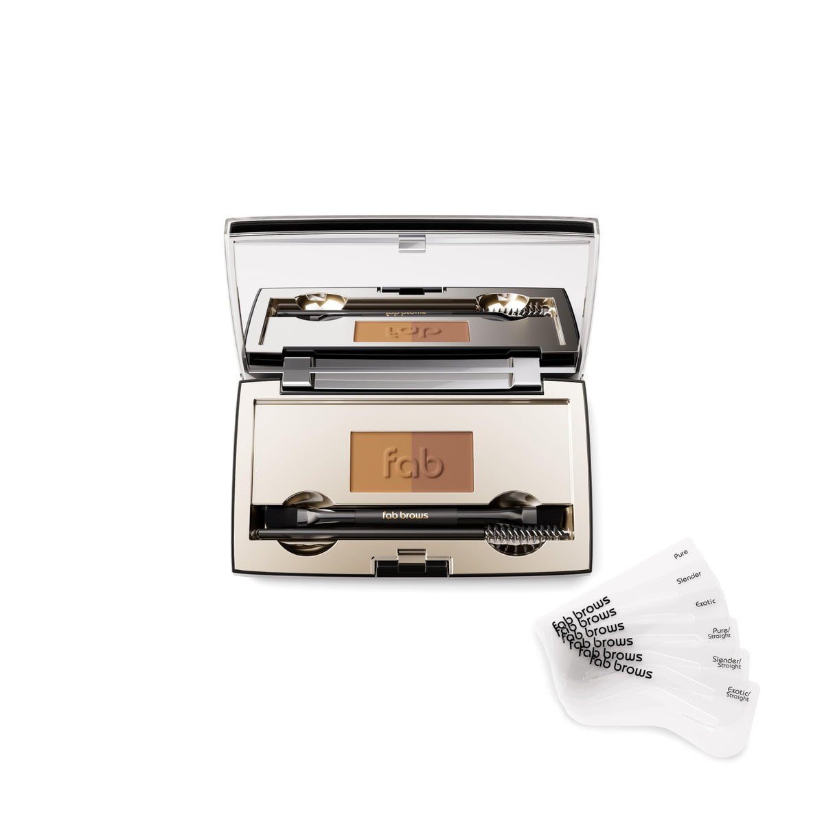 Fab Brows front compact showing palette and mirror for easy touch-ups