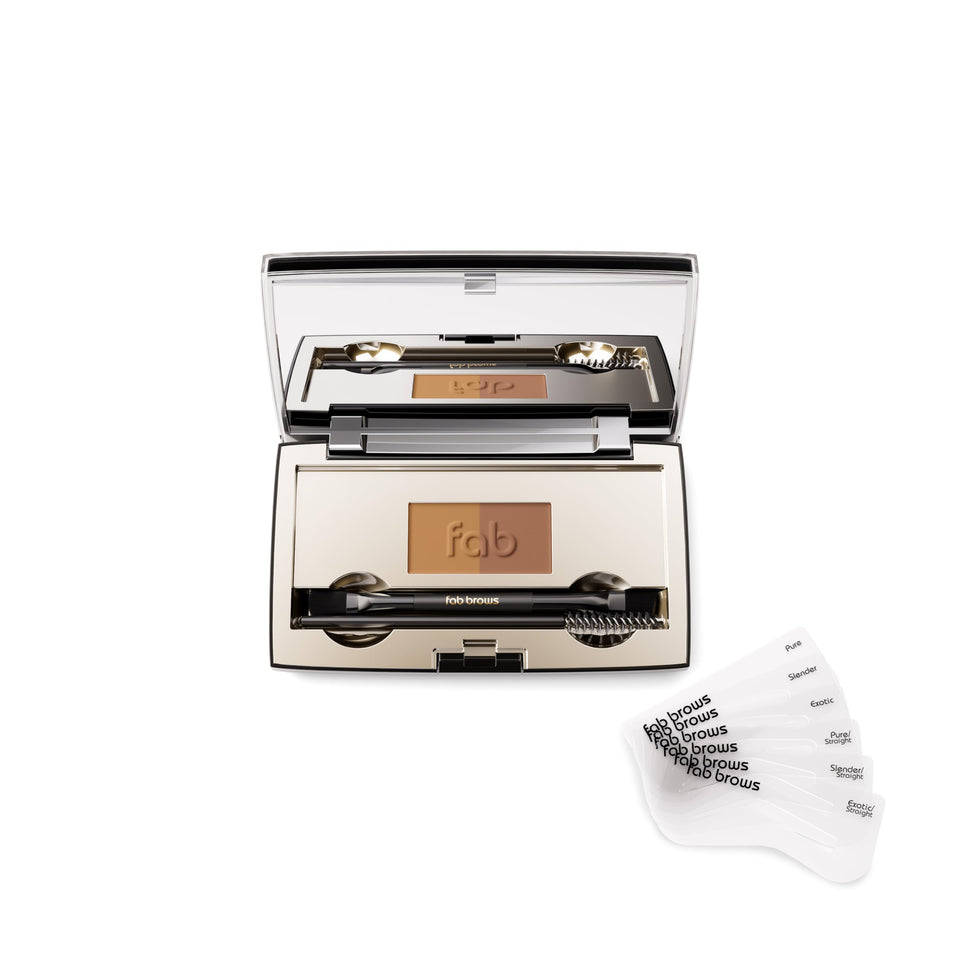 Fab Brows front compact showing palette and mirror for easy touch-ups