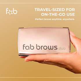 Fab Brows kit beside ruler demonstrating compact travel-friendly size