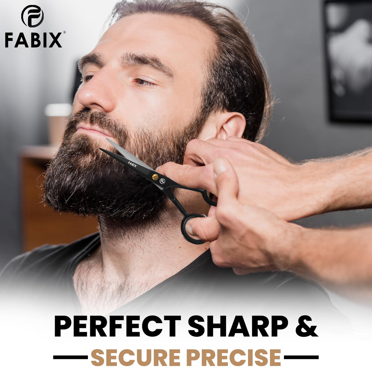 Fabix scissors in use trimming a mustache for controlled, snag-free shaping