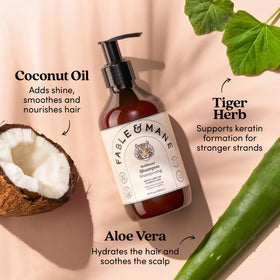 Fable & Mane bottle staged on bathroom shelf in lifestyle setting showing luxe routine