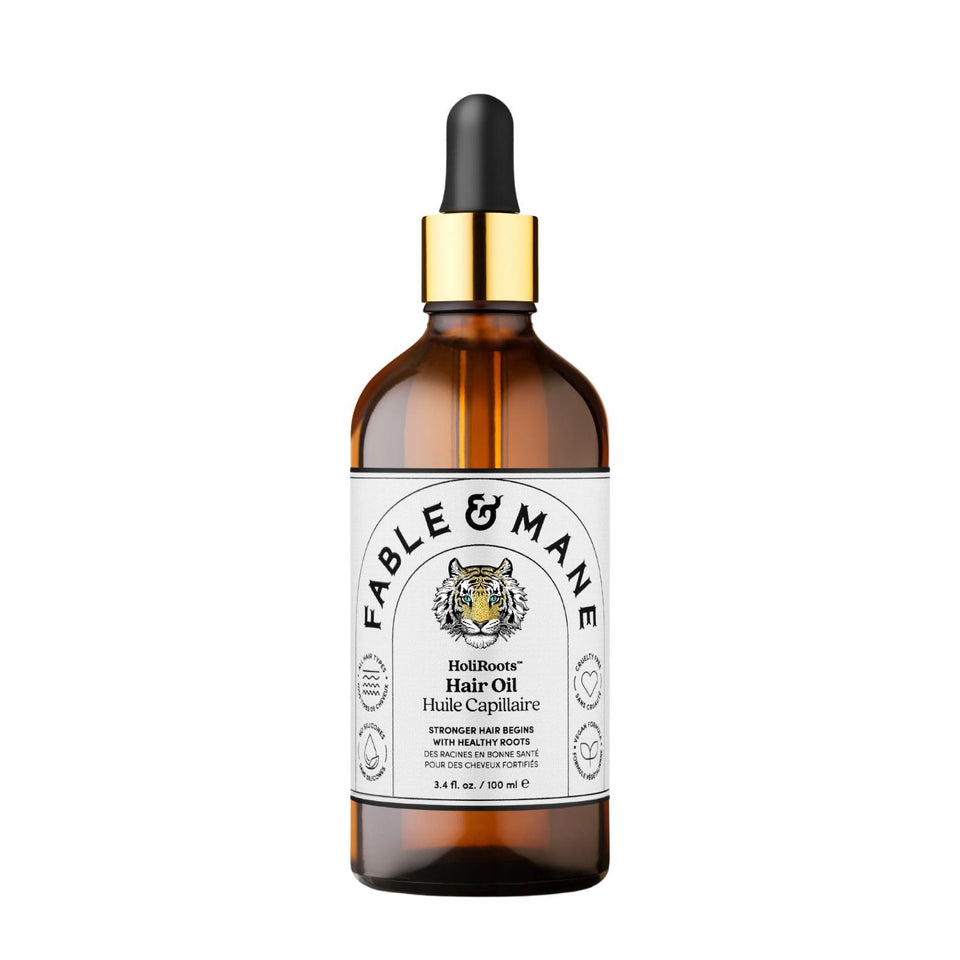 Fable & Mane front bottle view showing product and benefits