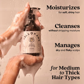 Fable & Mane shampoo pouring from bottle illustrating easy application and viscosity