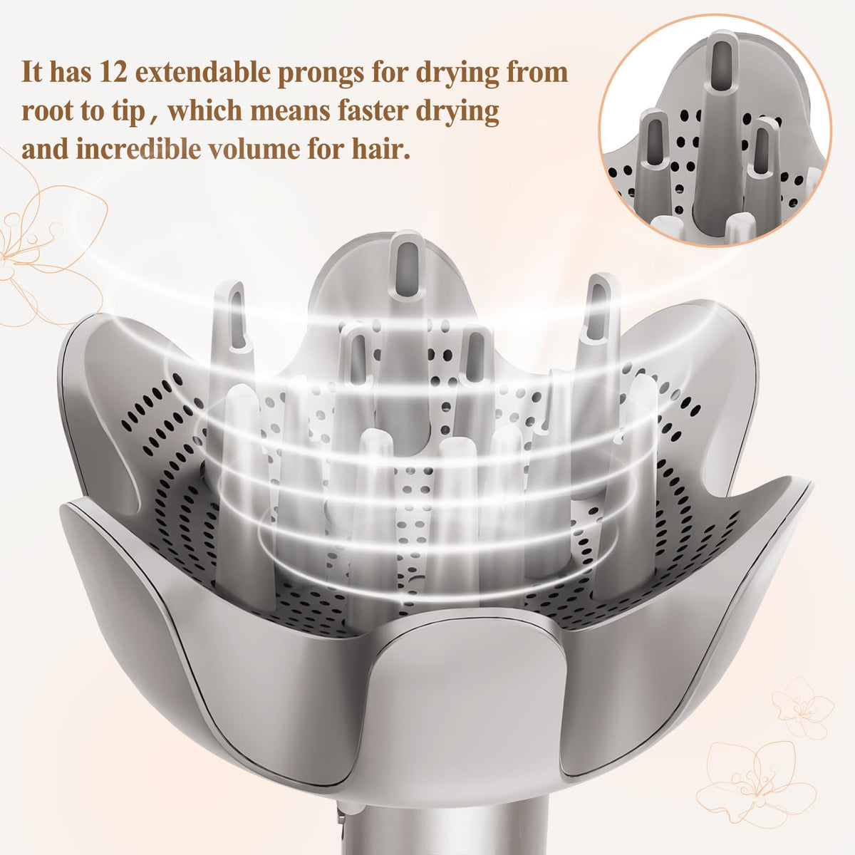 Fabmira diffuser prongs retracted to protect scalp heat exposure for short hair